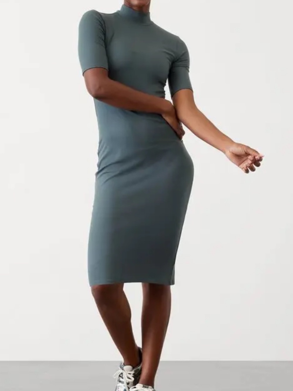 Athleta Signature Ribbed Mock Neck Short-Sleeve Midi Dress